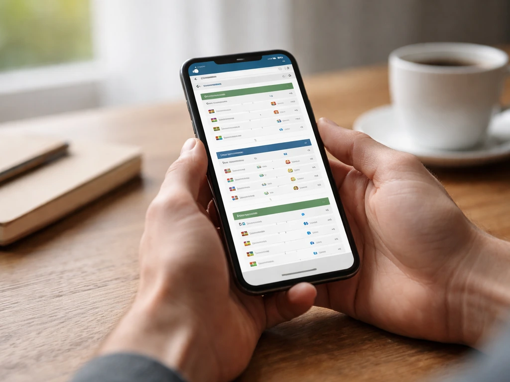 Téléphone portable montrant un site sportif avec calendrier, résultats et classement, sur table près d’une fenêtre