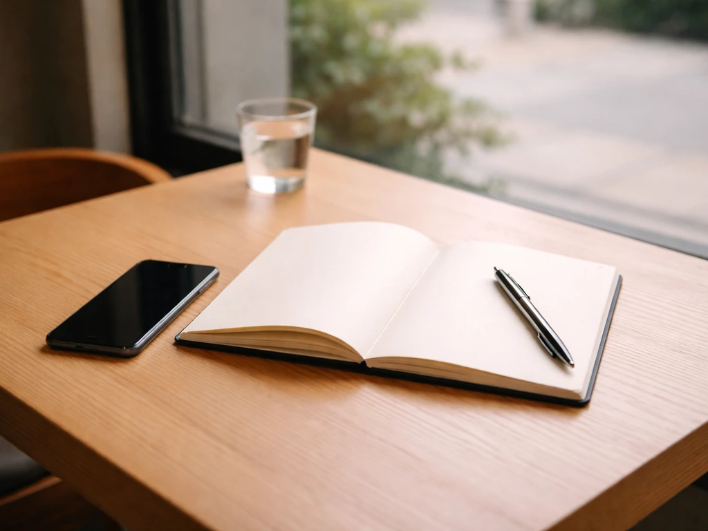 Table avec smartphone et carnet vierge, ambiance recherche rapide d’infos sur une compétition de hockey.