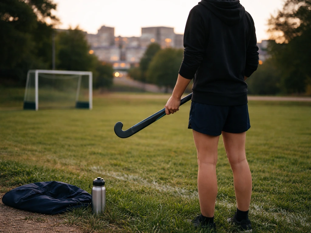 Terrain de hockey sur gazon à Poitiers, avec crosse et but, scène sportive minimaliste.