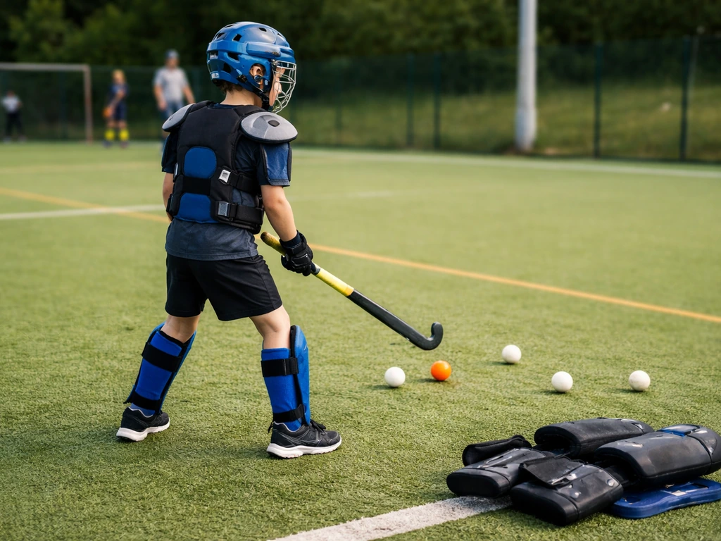 Jeune joueur de hockey sur gazon en séance d’essai, ballon et protections au sol, ambiance d’entraînement