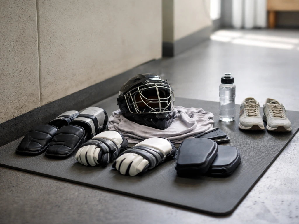 Équipement de hockey sur gazon (casque, protège-dents, coudières/genouillères) posé dans un vestiaire.