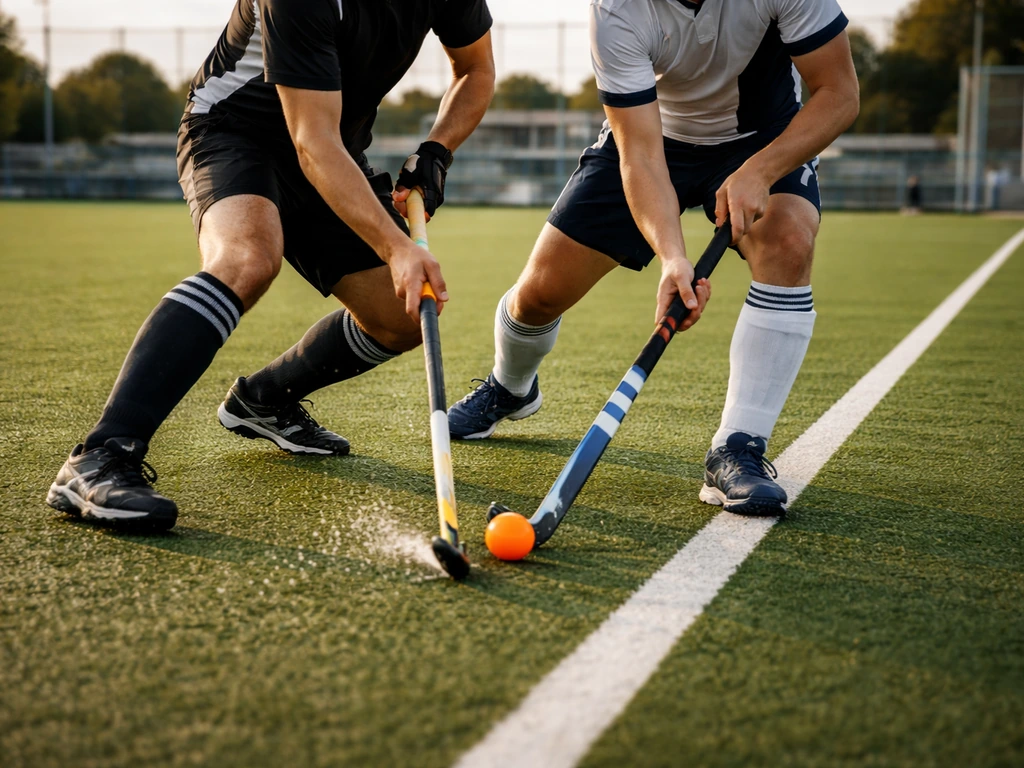 Match de hockey sur gazon en Nouvelle-Zélande sur terrain synthétique vert, joueurs anonymes et balle en action.