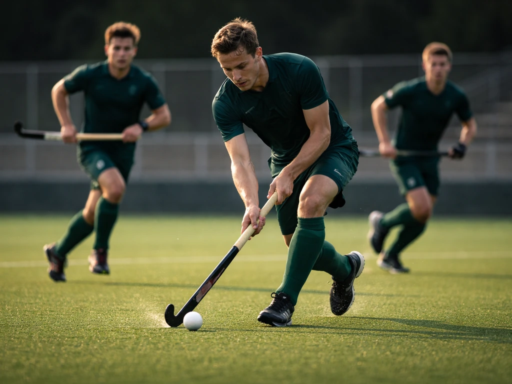 Joueur de hockey sur gazon en action sur terrain vert, ambiance match international, sans texte ni logos.