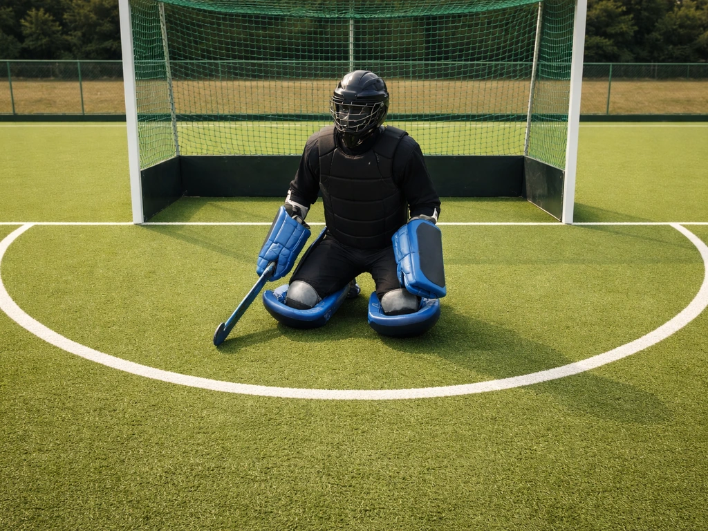 Gardien de hockey sur gazon derrière une ligne, dans le cercle de défense, vue sur le terrain.