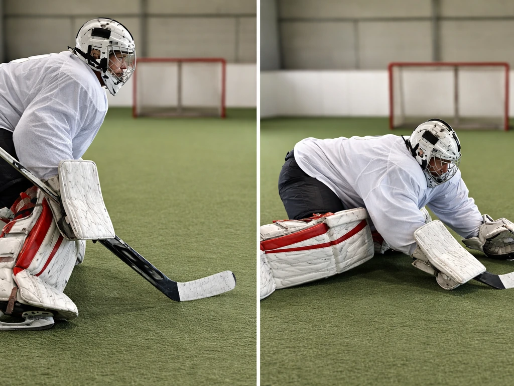 Gardien de hockey en position d’attente puis arrêt bas, sabots au sol, crosse placée près du but