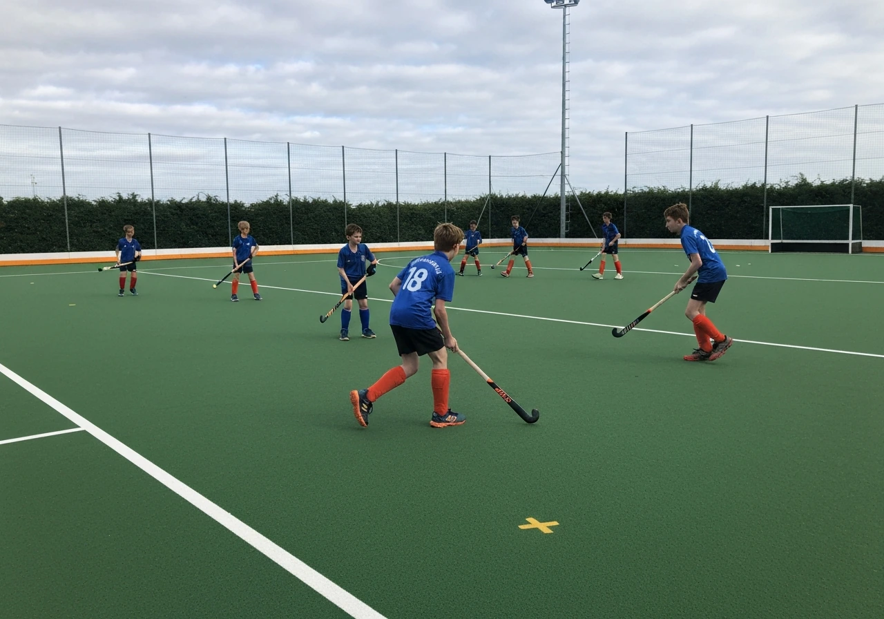 Terrain de hockey sur gazon du Nord–Pas-de-Calais en action, crosses et joueurs près du gazon.