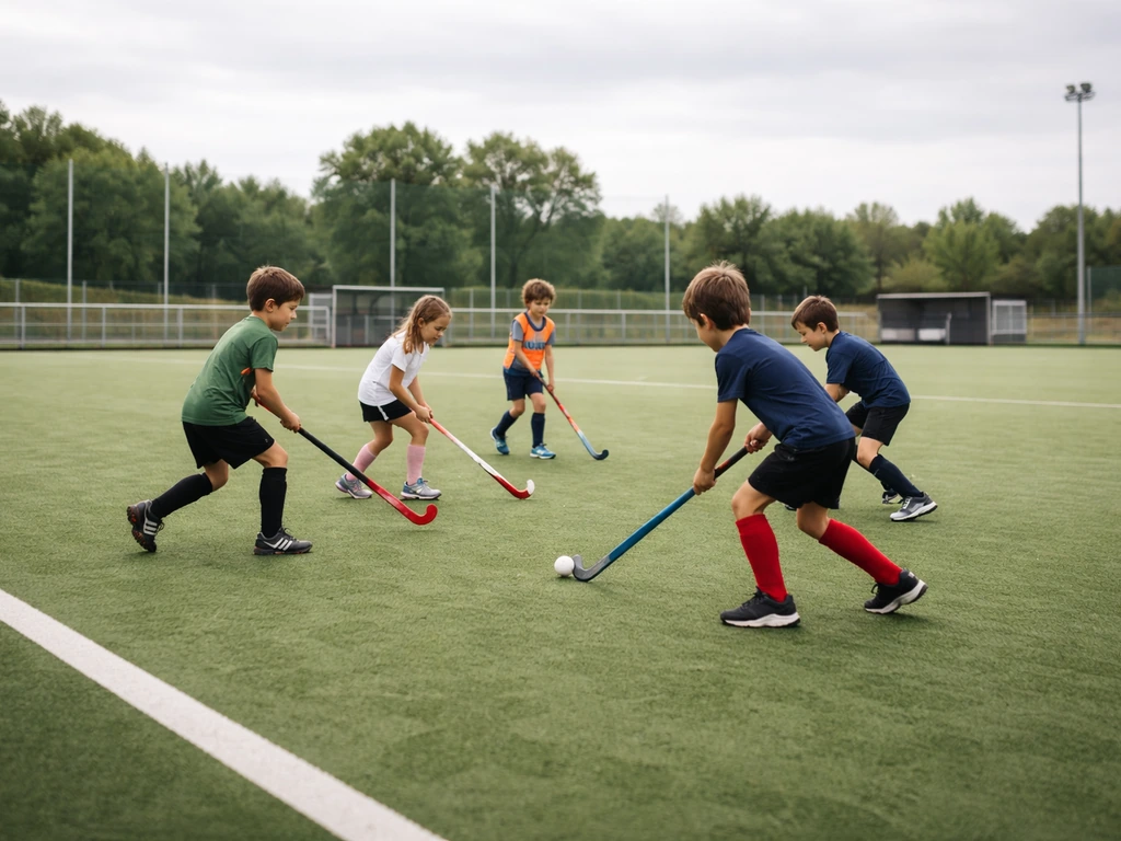 Jeunes joueurs de hockey sur gazon en entraînement sur un terrain, pour illustrer le choix d’une catégorie d’âge.
