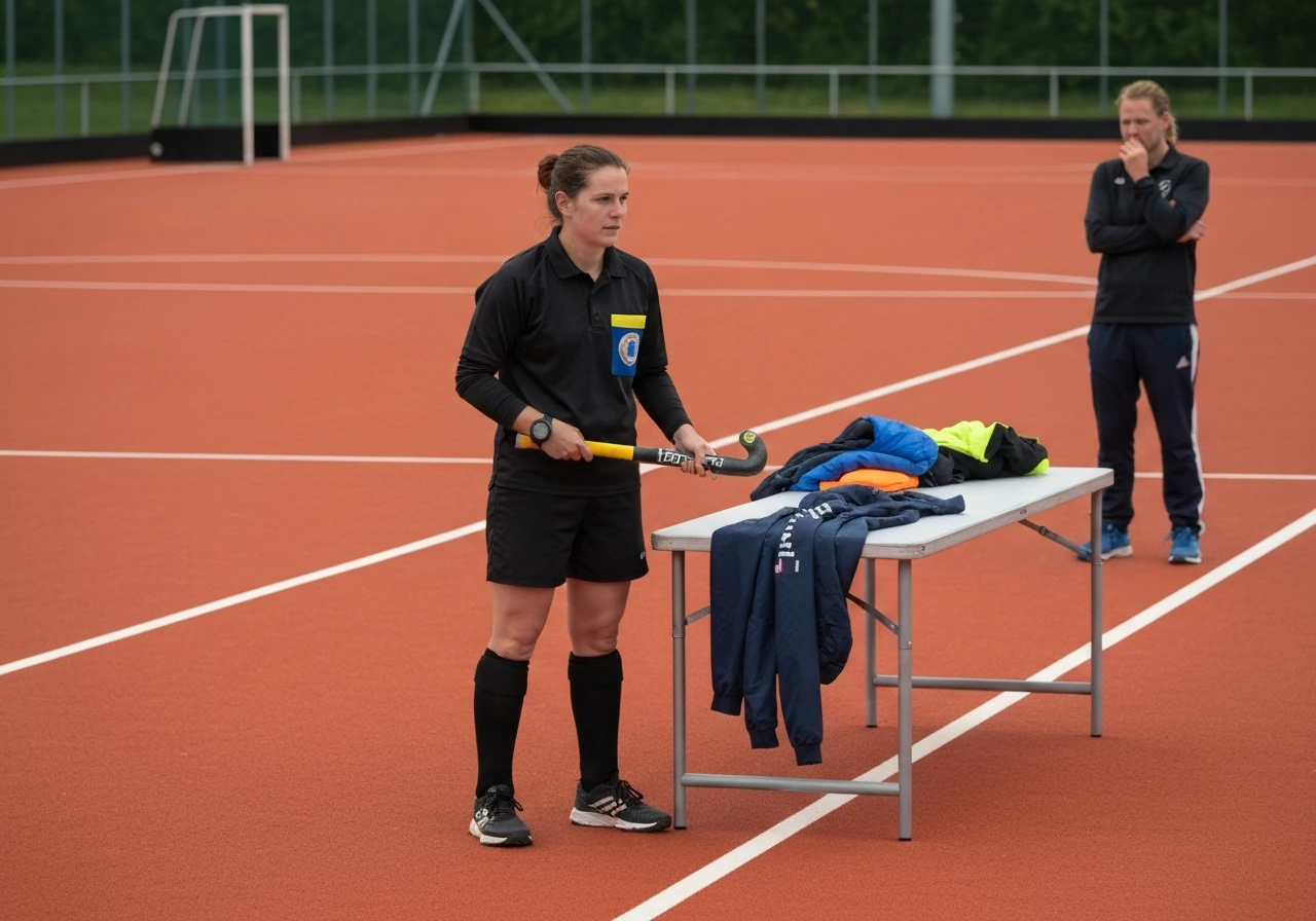 Un arbitre anonyme avec sifflet et chronomètre au bord du terrain de hockey sur gazon, réunion d’équipe floue.