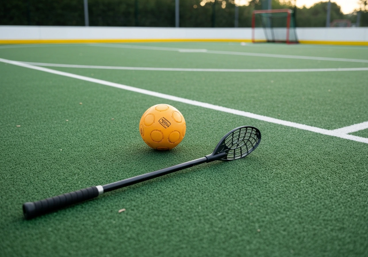 Balle et crosse de floorball sur gazon synthétique, avec un terrain intérieur flou en arrière-plan.