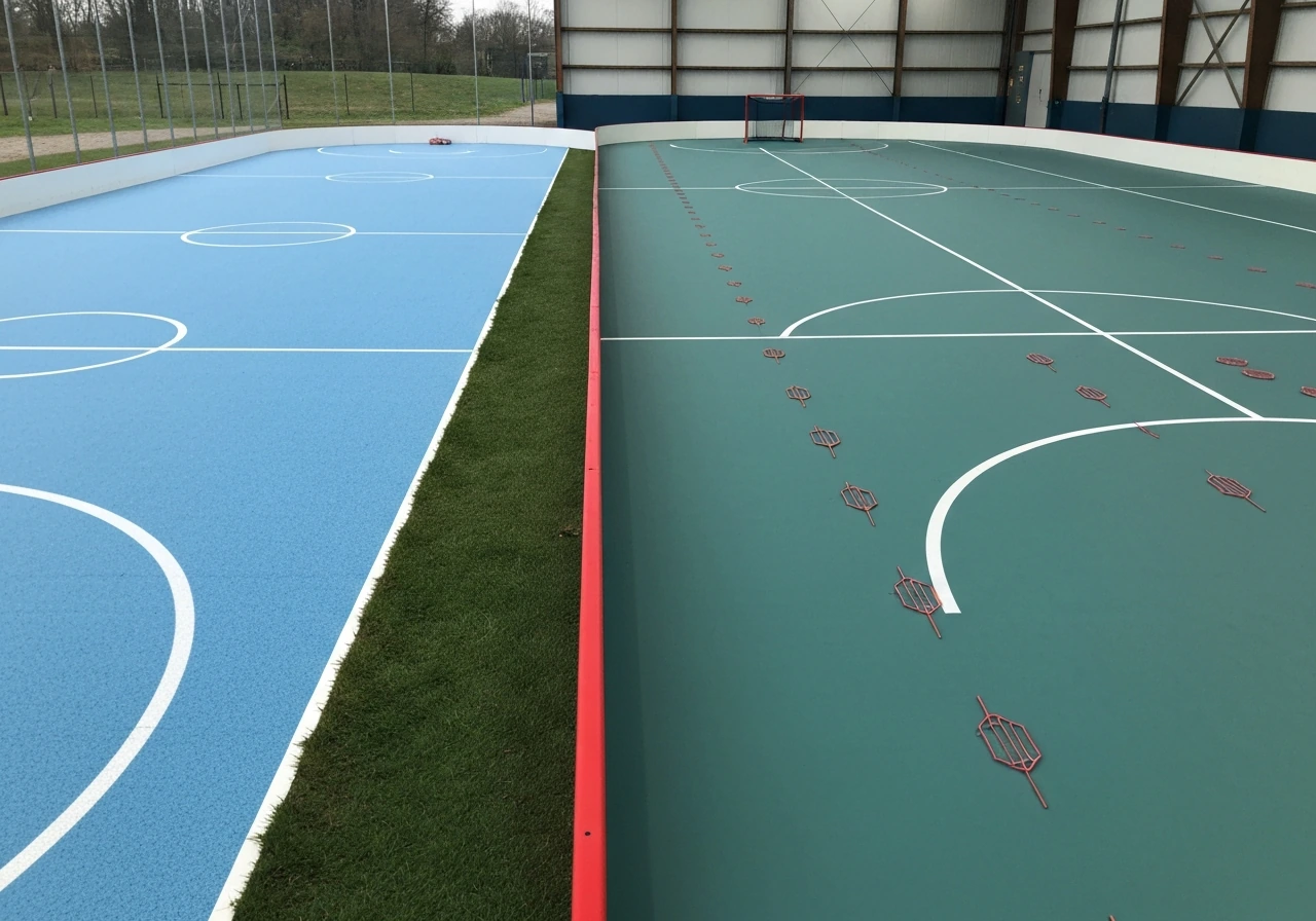 Deux terrains côte à côte : marquages outdoor de hockey sur gazon et terrain intérieur de floorball, vue d’ensemble.