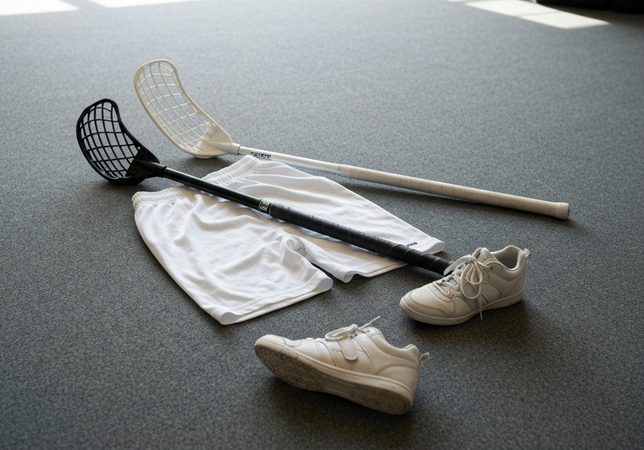 Matériel minimal de floorball posé au sol : crosse légère, tenue légère et chaussures indoor non marquantes.