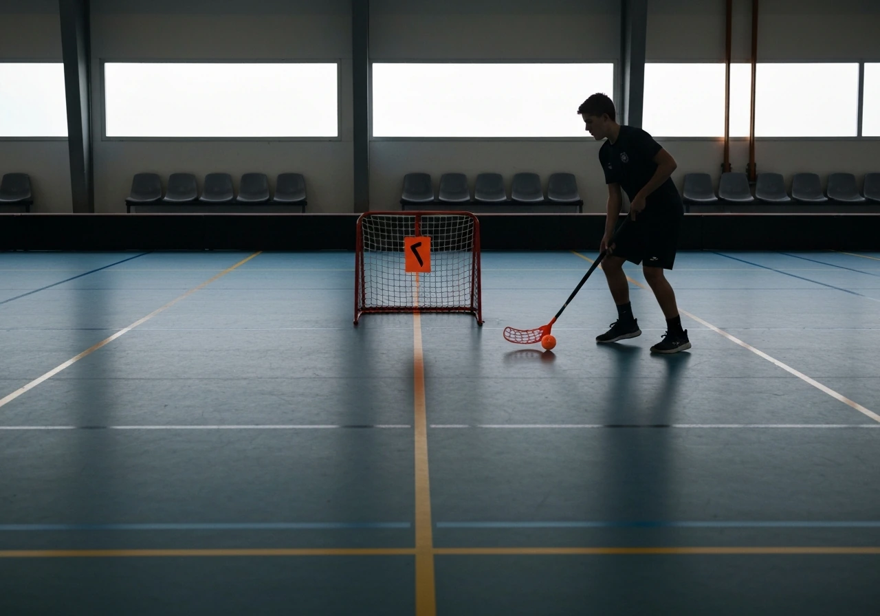Terrain de floorball en salle, but orange et filet, ambiance club affilié en France
