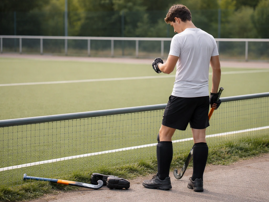 Un(e) joueur(se) anonyme(e) ajuste son kit d’essai de hockey sur gazon près d’un terrain, avant l’entraînement.