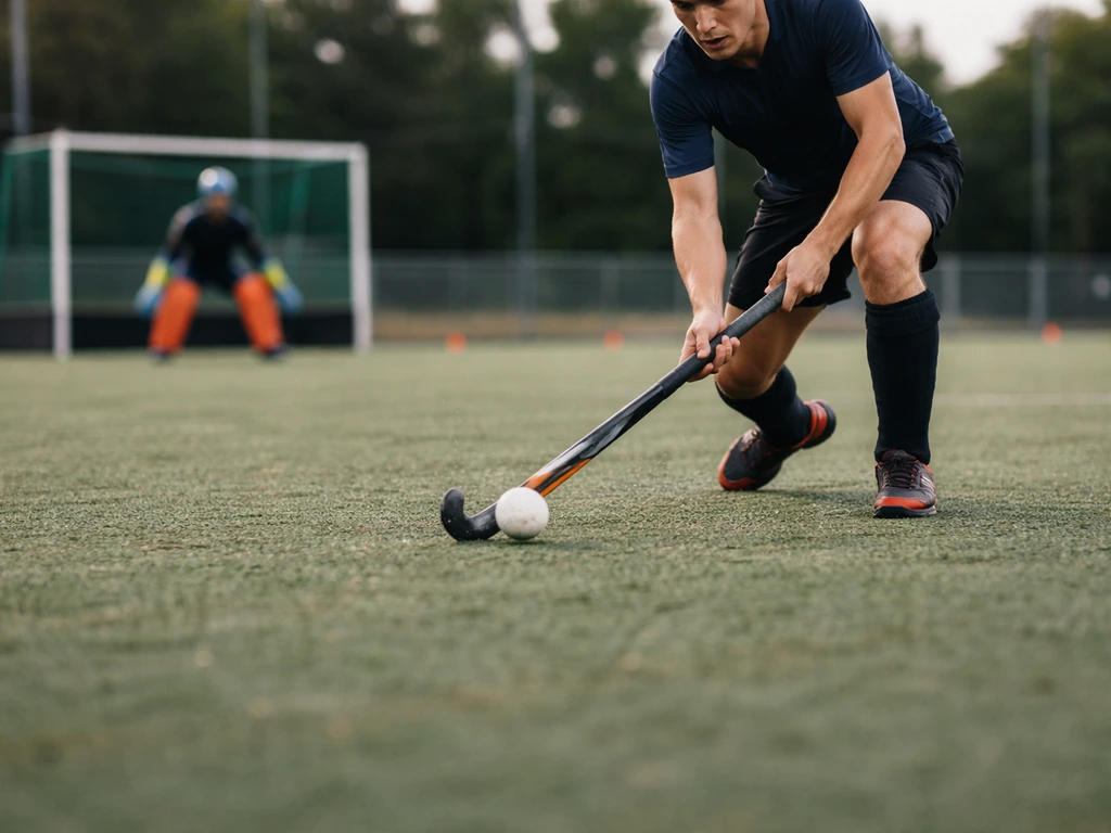 Joueur anonyme de hockey sur gazon dribblant sur terrain synthétique, gardien en arrière-plan.
