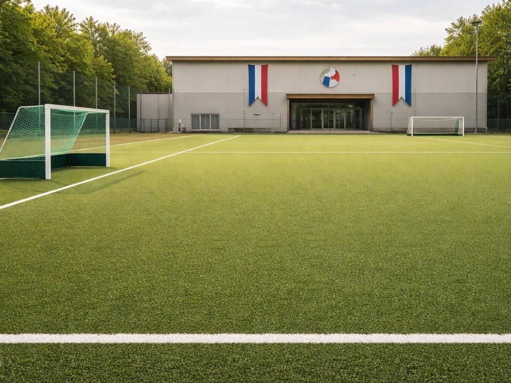 Terrain de hockey sur gazon avec un centre sportif municipal en arrière-plan, ambiance encadrée et institutionnelle.