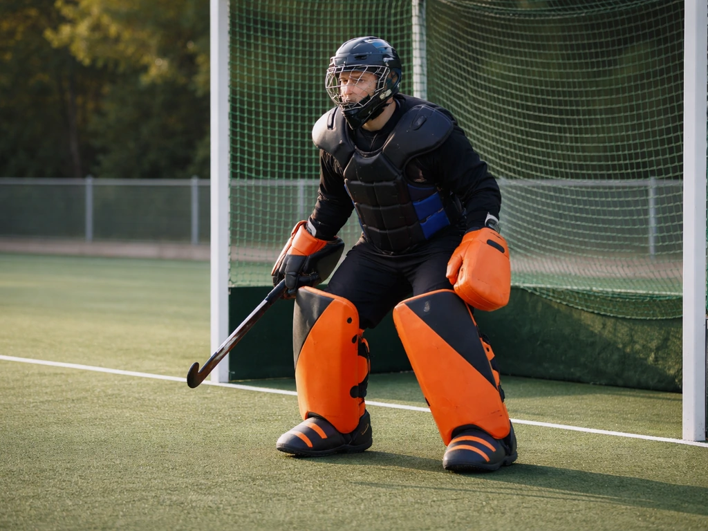 Gardien de hockey sur gazon sur terrain synthétique, protections complètes visibles, match prêt à démarrer.
