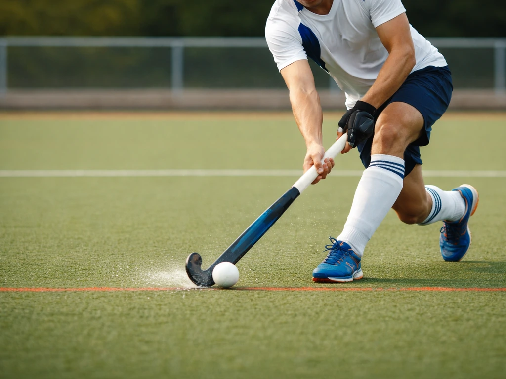 Joueur de hockey sur gazon en action sur un terrain synthétique bleu/blanc, sans visage identifiable.