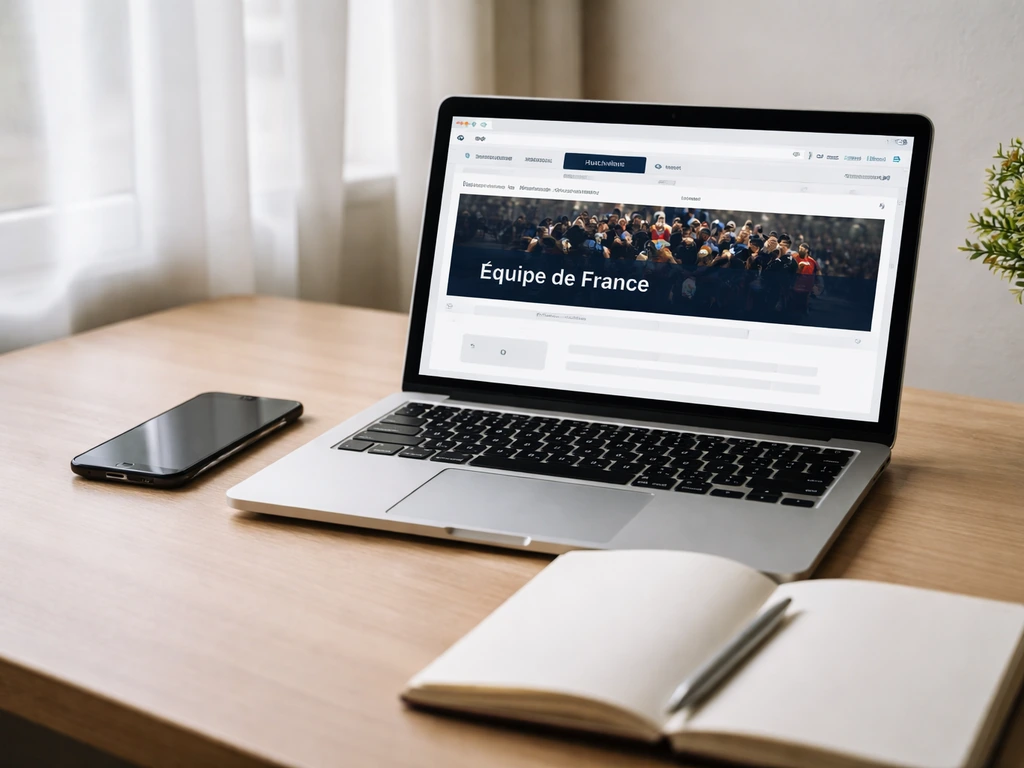 Bureau avec ordinateur affichant une page web officielle vers “Haut-niveau / Équipe de France”, sans texte lisible.