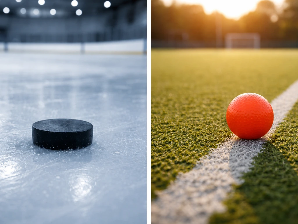 Split-screen: hockey sur glace avec palet et patinoire; hockey sur gazon avec balle et pelouse verte.