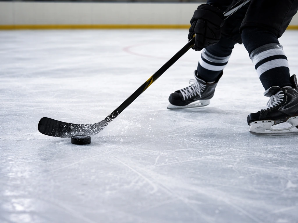 Hockey sur glace en action : palet en caoutchouc et crosse frappant la glace, patins visibles sur la piste