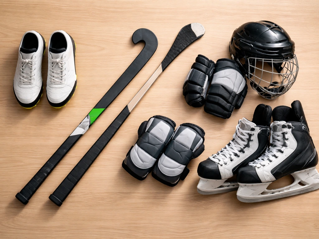 Table en bois avec chaussures à crampons, patins, protections et deux crosses posées pour le hockey sur gazon et glace.