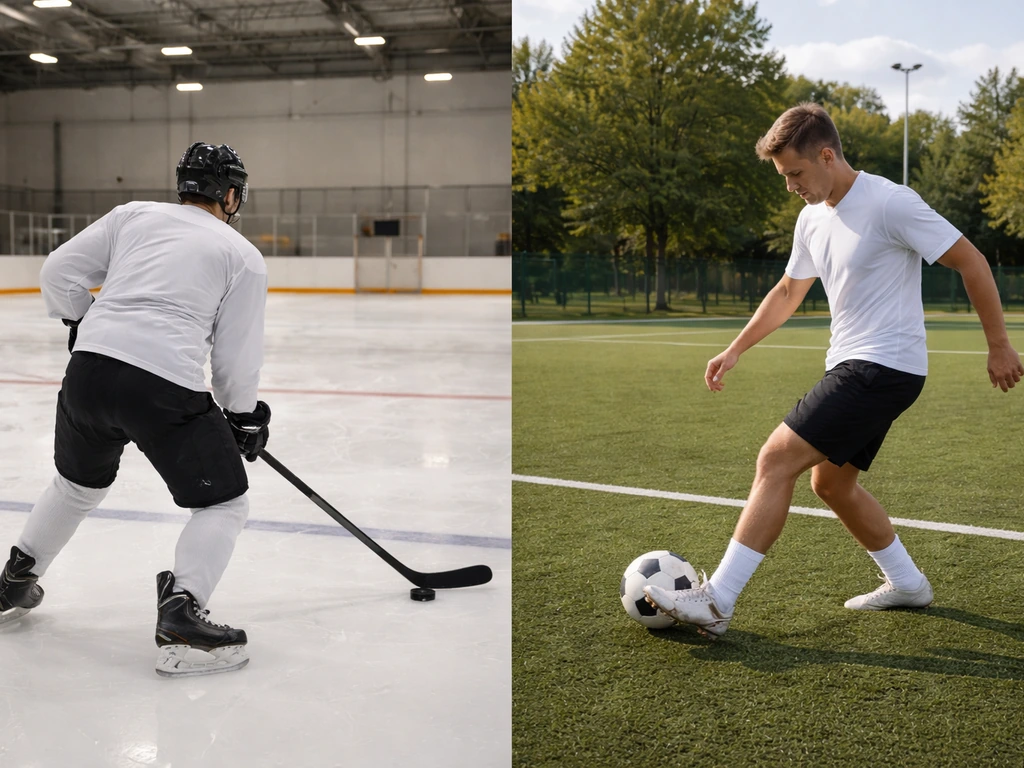 Deux scènes côte à côte : hockey sur glace à gauche et football sur gazon à droite, joueurs anonymes en action.