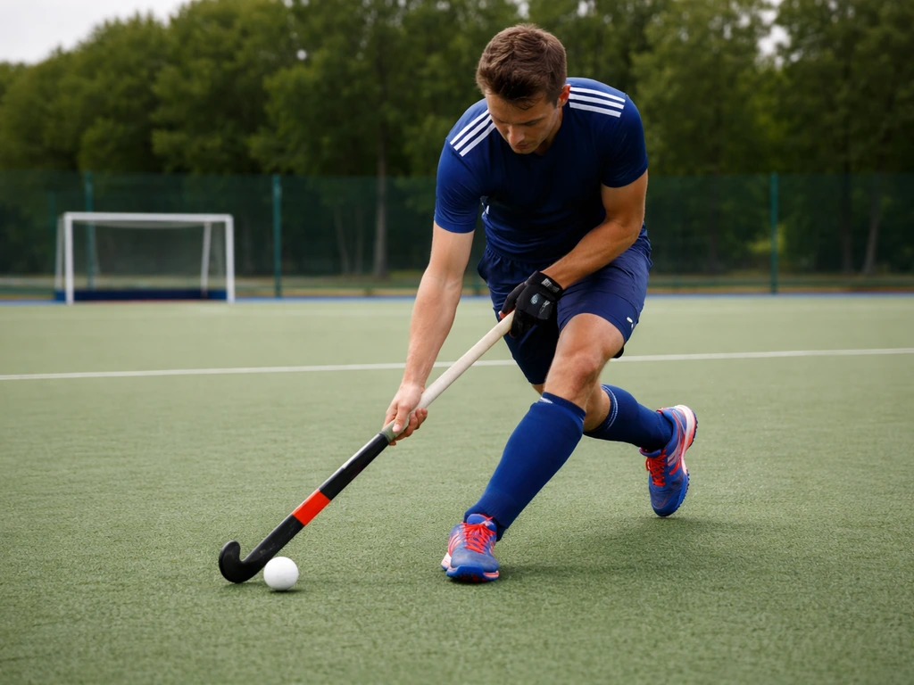 Joueur anonyme de hockey sur gazon en tenue bleu et blanc, contrôlant la balle sur un terrain d’entraînement.