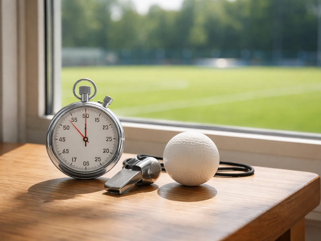 Table de sport avec chronomètre, sifflet et ballon de hockey, ambiance Coupe du monde.
