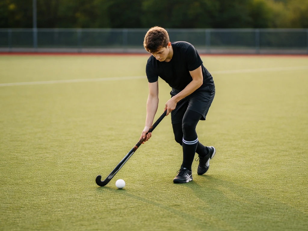 Débutant de hockey sur gazon conduisant la balle sur un terrain gazonné, ambiance entraînement.