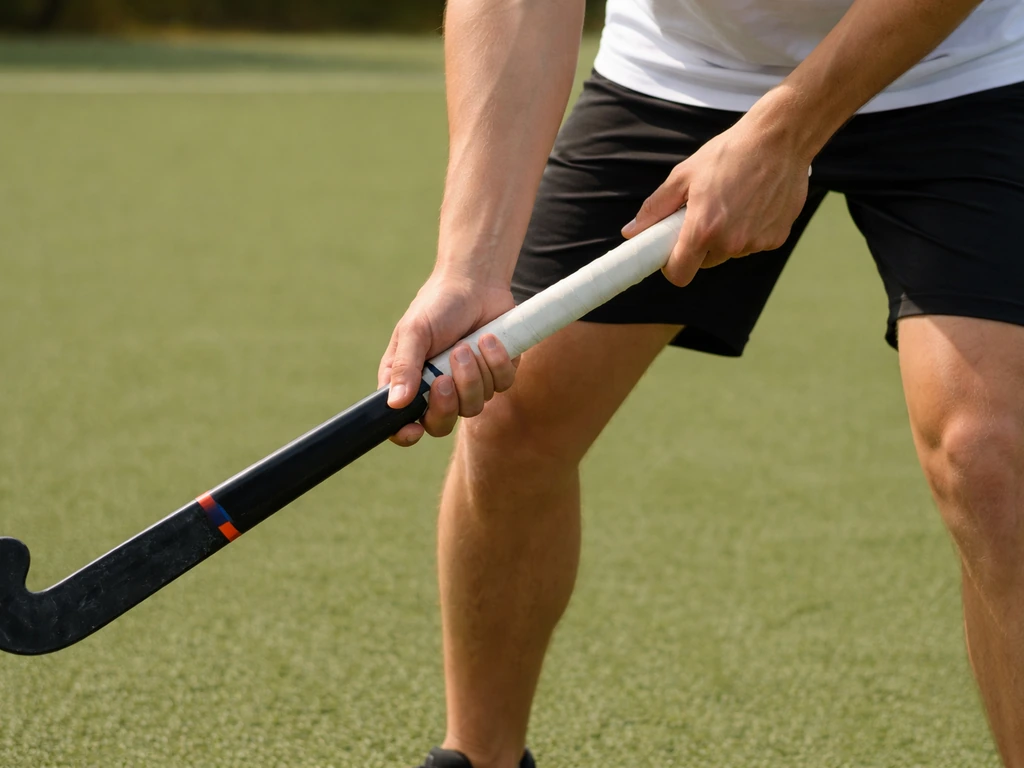 Prise en main correcte d’une crosse de hockey sur gazon : deux mains sur le manche, genoux fléchis.