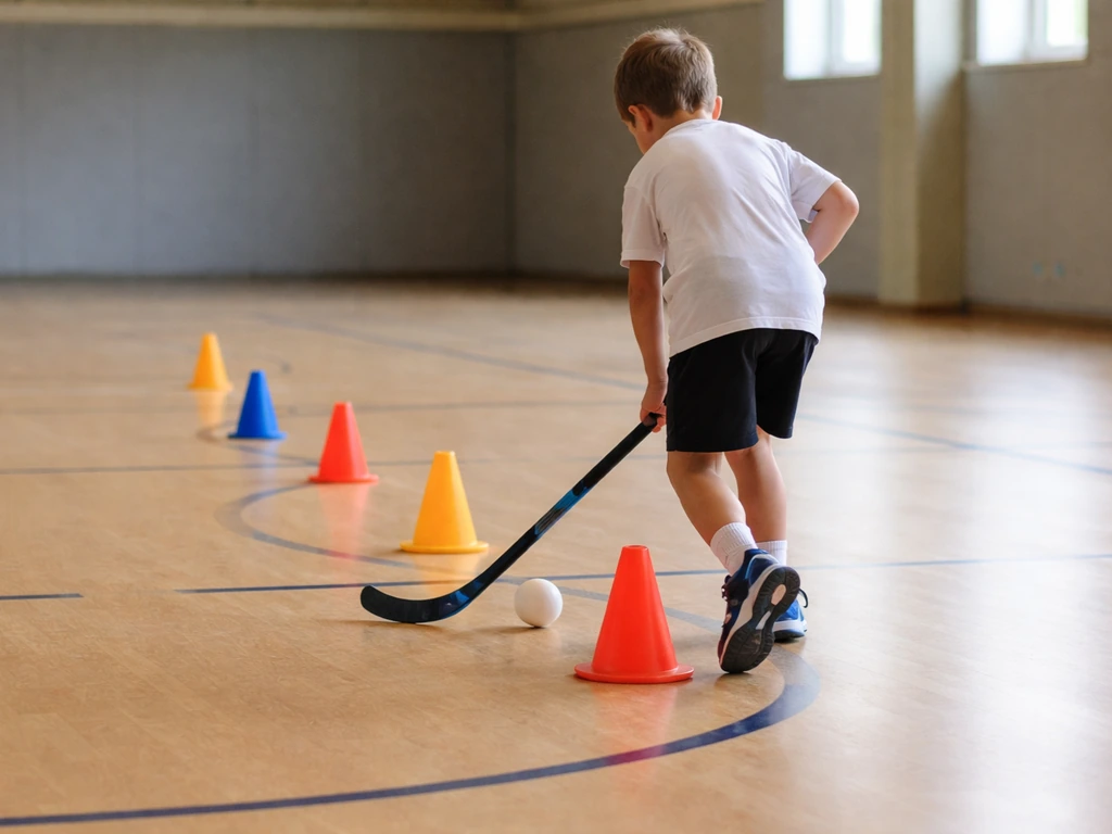 Un enfant dribble la balle au sol en slalom autour de plots, crosse proche de la balle.