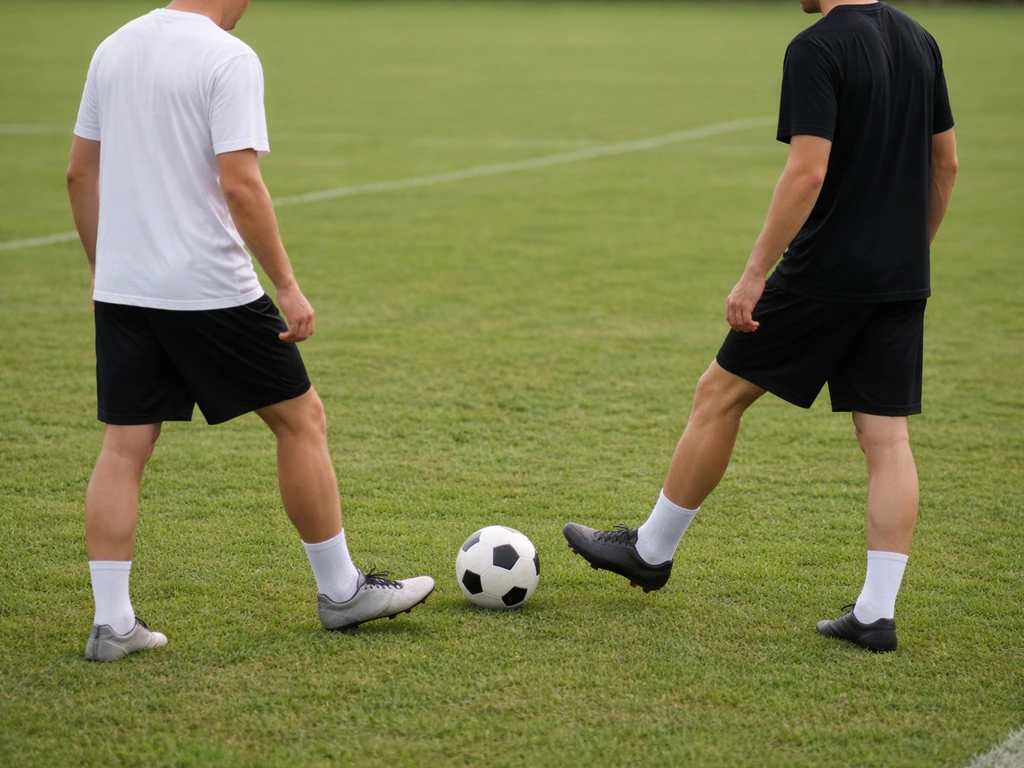 Deux joueurs face à face sur un terrain, l’un pousse le ballon, l’autre le réceptionne à l’arrêt.