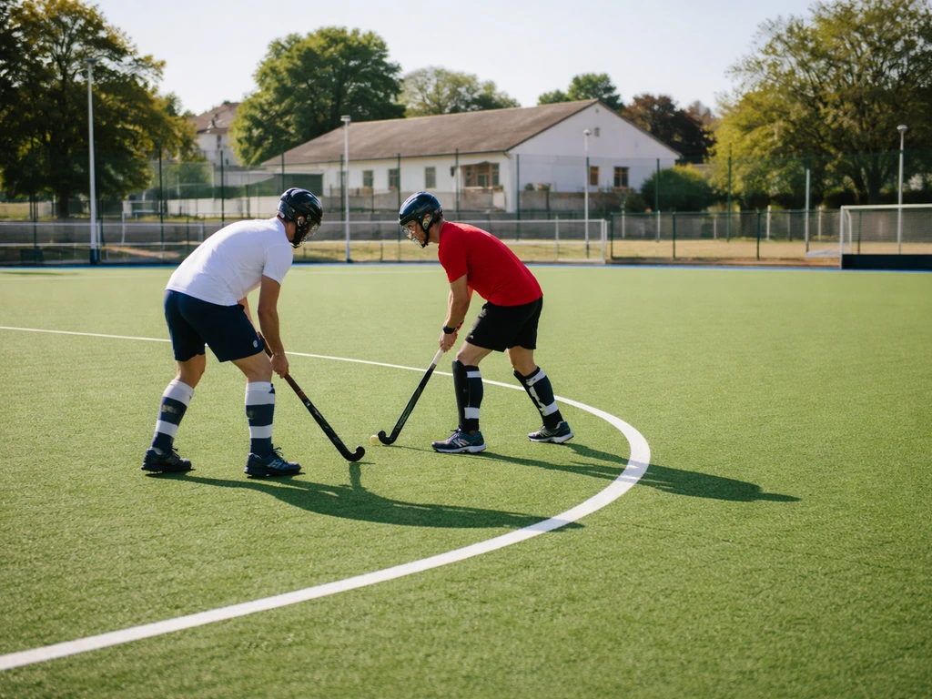 Terrain de hockey sur gazon à Orléans : deux joueurs anonymes s’entraînent près du cercle de tir