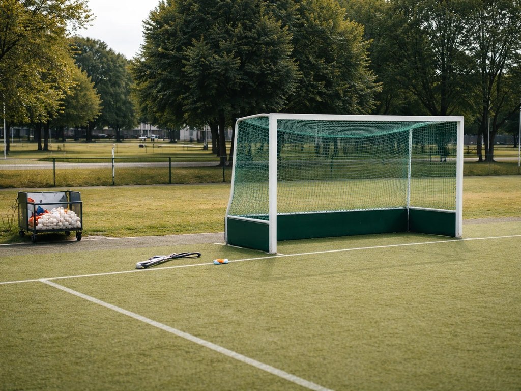 Terrain de hockey sur gazon à la Plaine de jeux du Belneuf, avec but et équipements au sol.