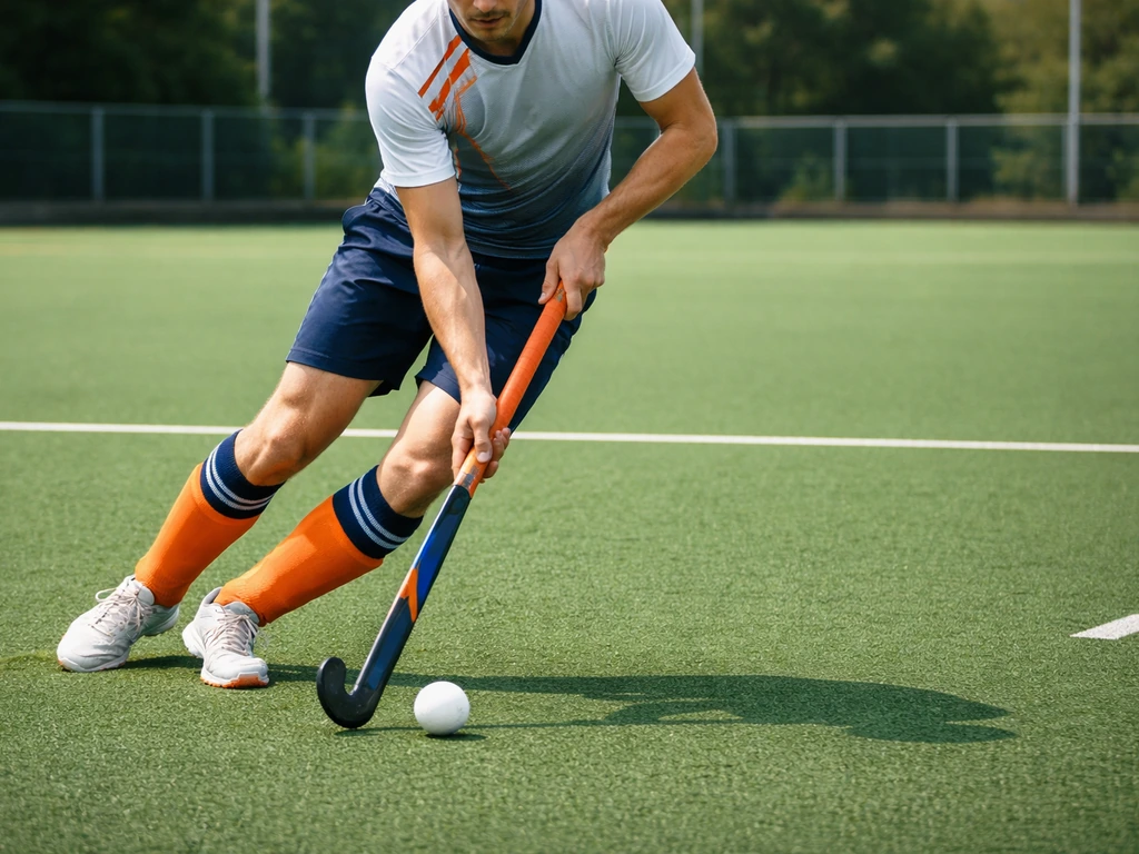 Joueur anonyme de hockey sur gazon sur terrain synthétique vert, contrôle de balle avec stick.