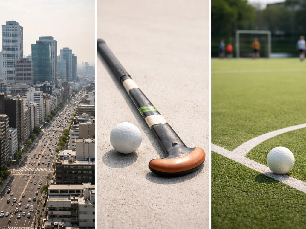 Trois scènes côte à côte : ville d’Osaka, équipement de hockey sur gazon, et terrain de match, sans texte.
