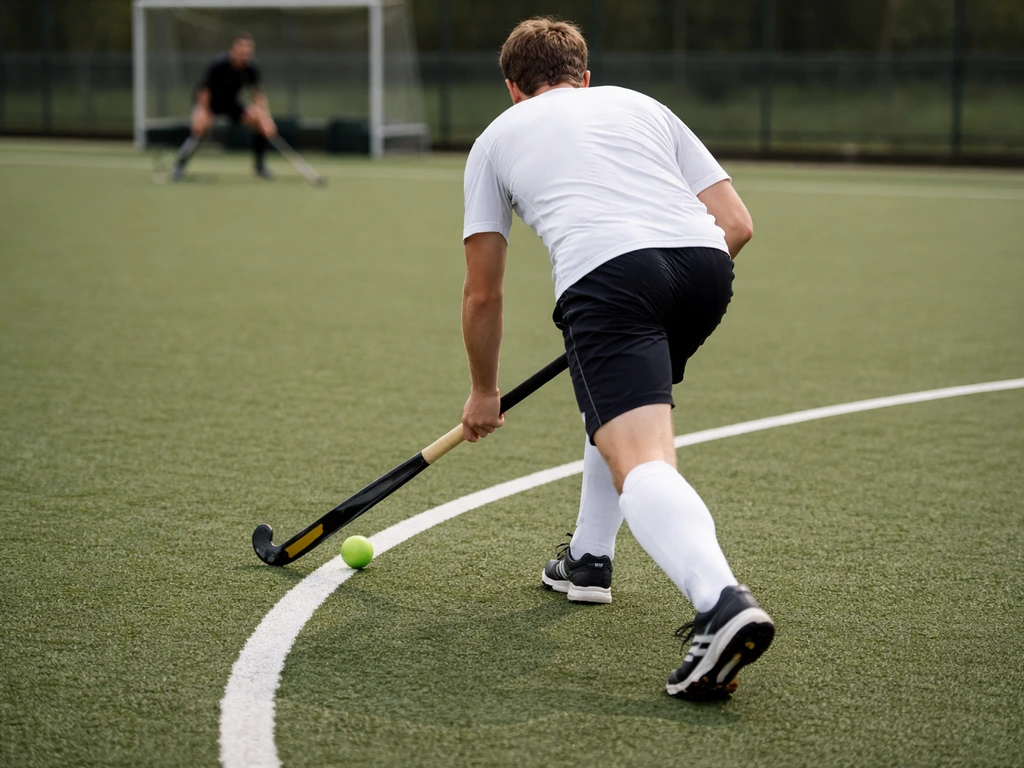 Joueur de hockey sur gazon contrôlant la balle près du cercle, ambiance match sur pelouse synthétique.