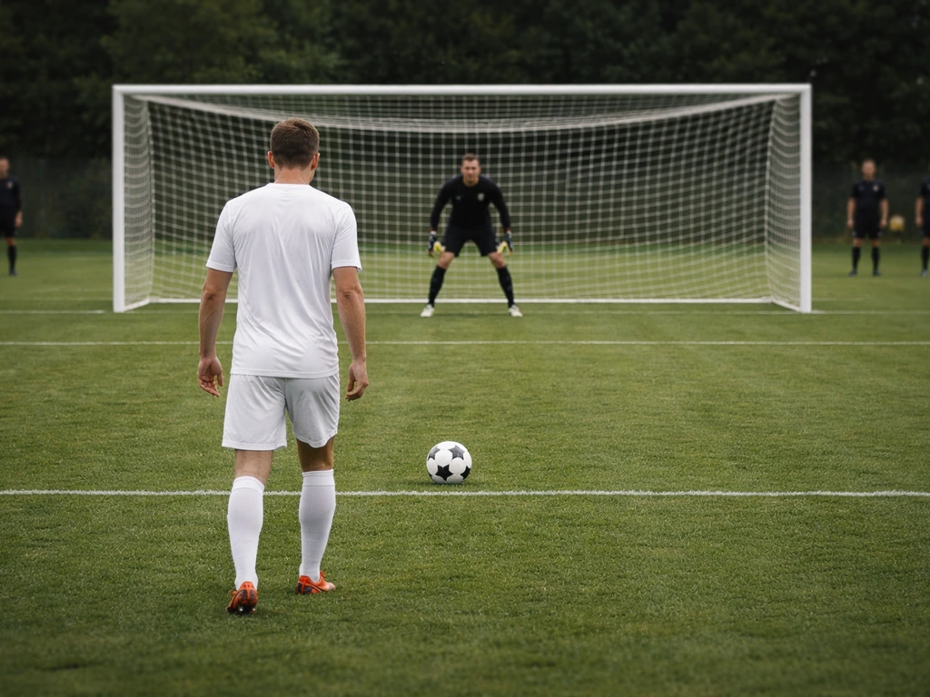 Sur un terrain de football, le tireur se prépare au penalty et le gardien est prêt sur sa ligne.