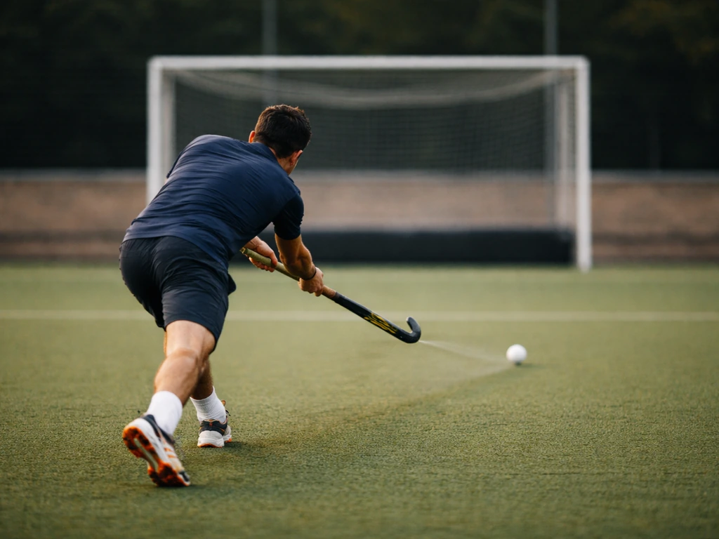 Tireur anonyme exécutant un penalty stroke : la balle part vers un côté du but, à 6,40 m.