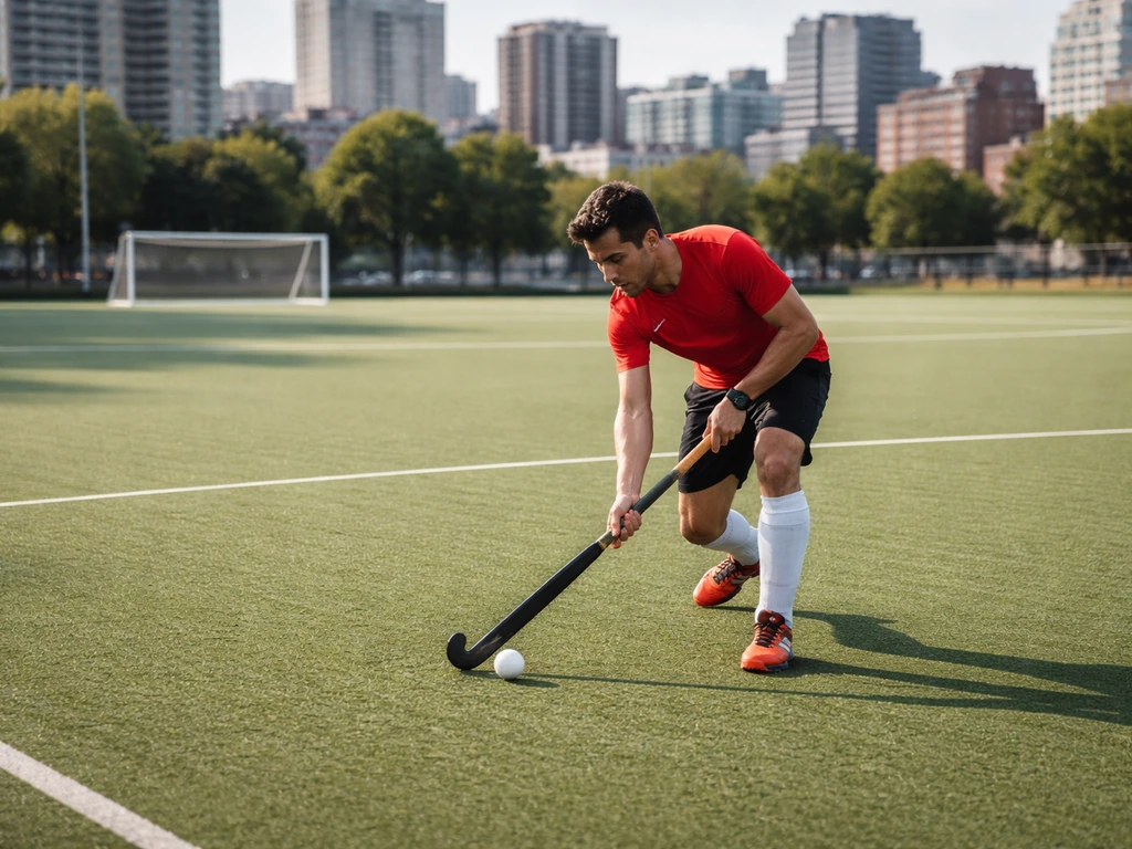 Match de hockey sur gazon en cours sur terrain synthétique, avec arrière-plan urbain de Montréal/Québec.