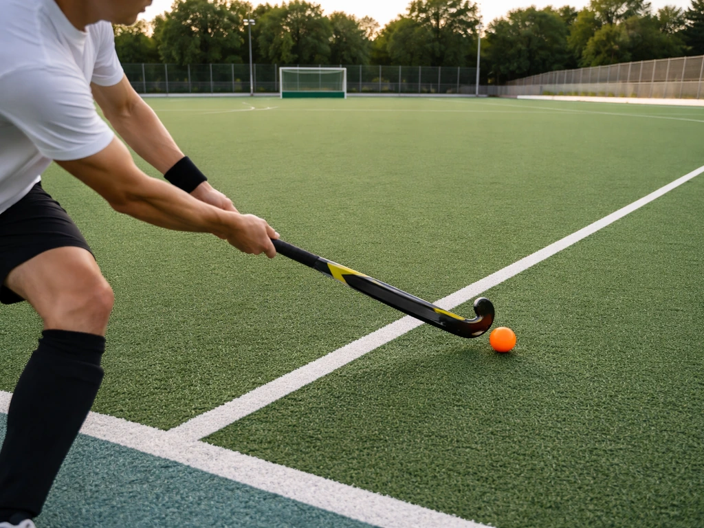 Terrain de hockey sur gazon avec marquages et action de jeu : stick et balle sur surface synthétique.
