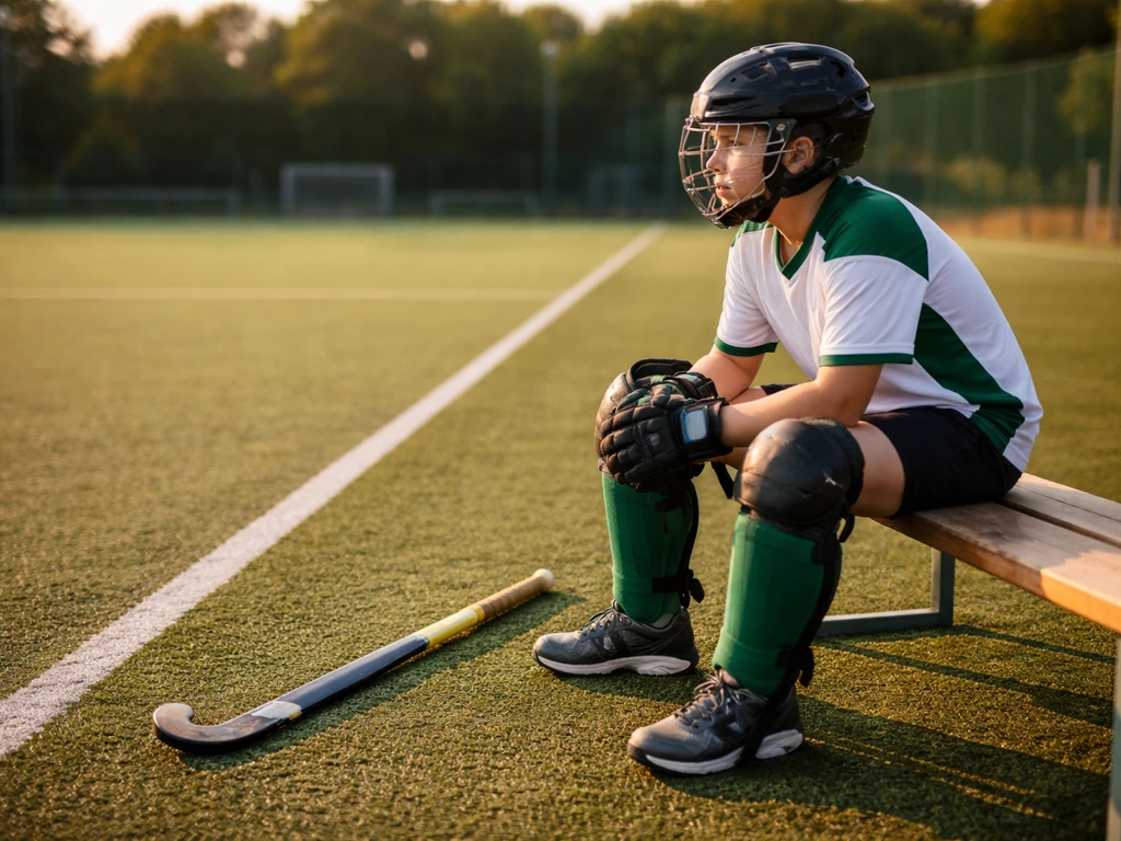 Jeune joueur de hockey sur gazon, en tenue, assis sur le banc pendant un match de ligue en extérieur.