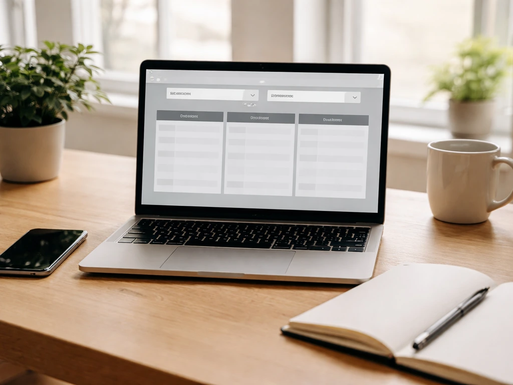 Ordinateur portable montrant une page de résultats sportifs fictive, smartphone et carnet sur un bureau lumineux.