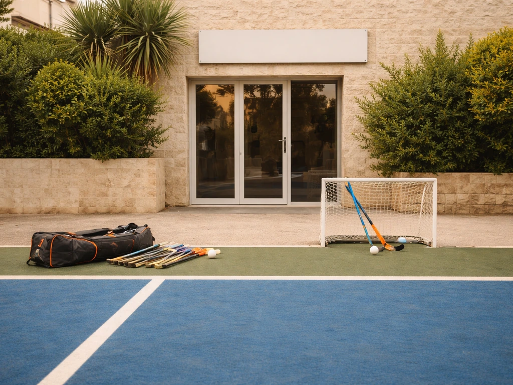 Entrée d’un club de hockey sur gazon et en salle à Nice, avec équipement sportif visible devant le bâtiment.