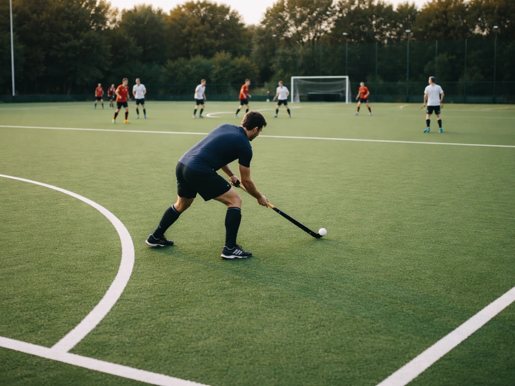 Entraînement de hockey sur gazon sur terrain synthétique, joueurs anonymes en action, marquages au sol visibles.