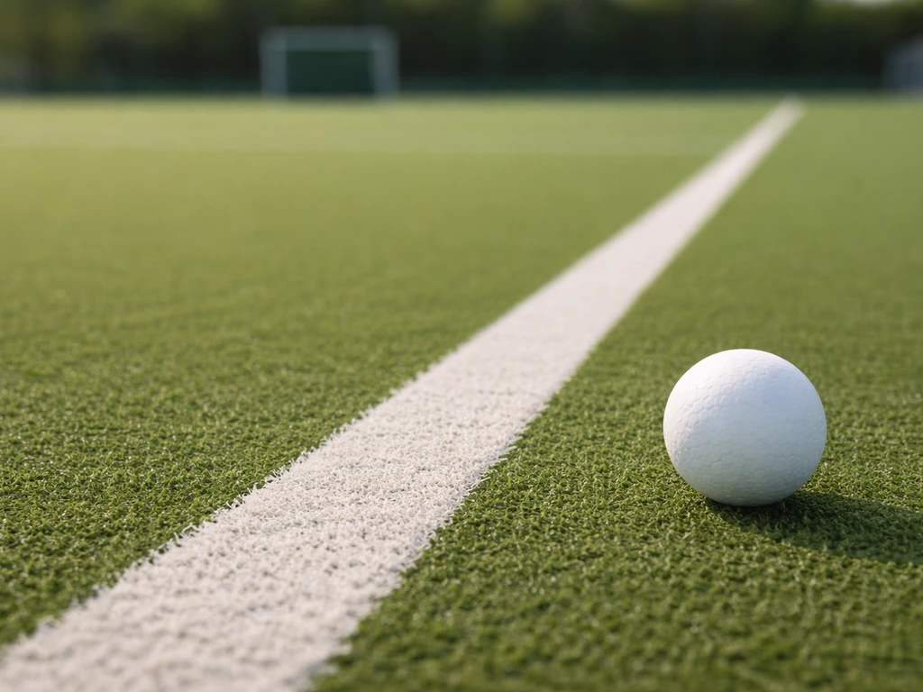Terrain de hockey sur gazon avec une balle au sol, symbolisant le classement FIH féminin et la compétition.