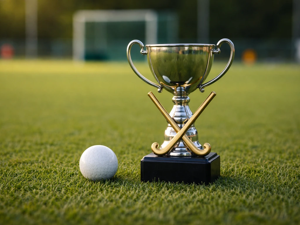 Trophée de hockey sur gazon et ballon sur un gazon vert, ambiance tournoi, cadre de qualification