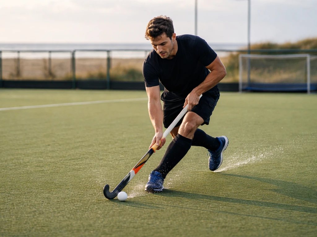 Joueur anonyme de hockey sur gazon à Dunkerque maîtrisant la balle sur un terrain vert, ambiance club.