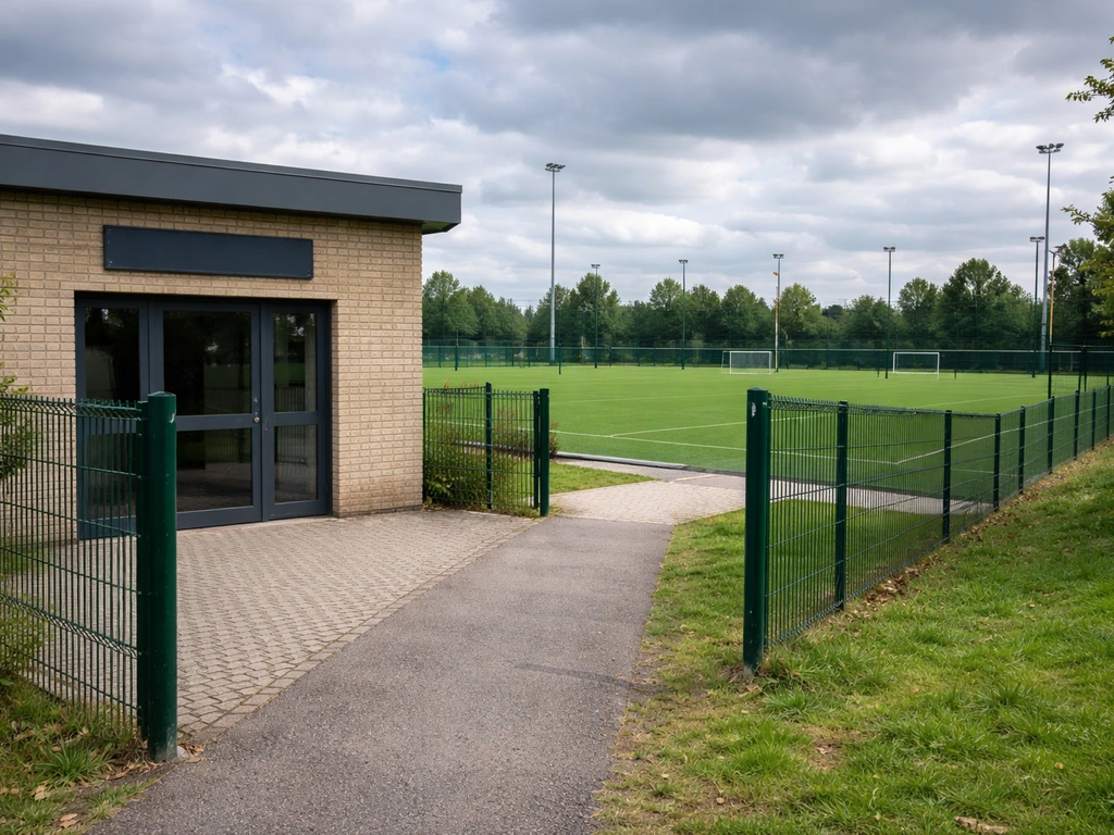 Entrée d’un club de hockey à Dunkerque Malo, avec un terrain synthétique visible en arrière-plan.
