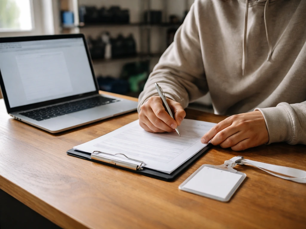 Personne anonyme sur un bureau, ordinateur portable et documents vierges pour s’inscrire via le club.